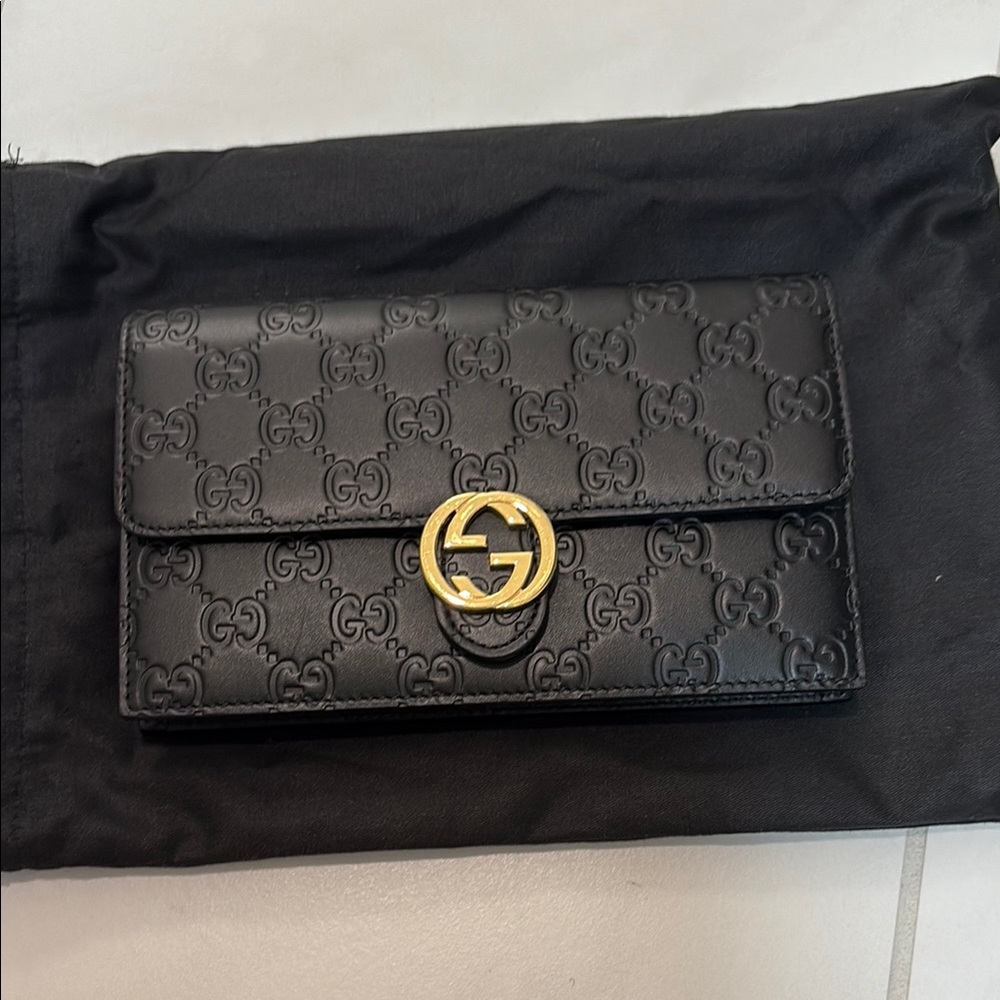Gucci Black Leather Wallet on Chain with GG Monogram and Gold Hardware